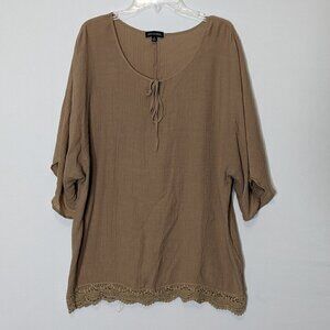Women's NOTATIONS Tan/Beige Pullover Peasant Tunic Top w Lace; Size M